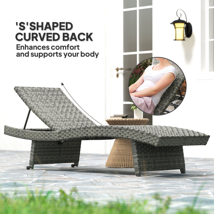 Outsunny Outdoor PE Rattan Sun Lounger, Folding Wicker Garden Lounger Recliner with 4-Level Adjustable Backrest, Rolling Sunbed Lounge Chair with Wheels, Non-Slip Legs for Balcony, Beach, Mixed-grey