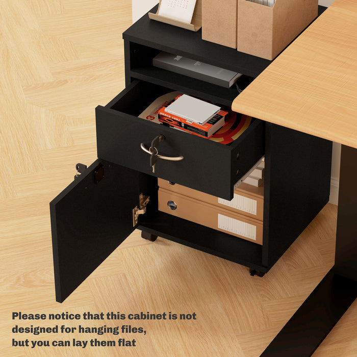 HOMCOM 60cm Storage Cabinet with Drawer, Open Shelf, Metal Handles and 4 Wheels, Office Home Organiser Mobile Printer, Black