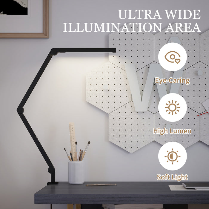 HOMCOM LED Desk Lamp, Dimmable Desk Light with Swing Arm and Clamp, Adjustable Eye-Caring Table Lamp with 2 Colour Modes & 5 Brightness Levels for Study, Drawing, Office, Architect, Task, Black