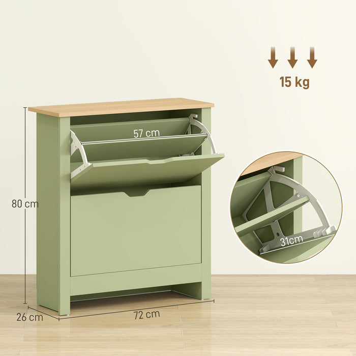 HOMCOM Slim Shoe Cabinet, Narrow Shoe Cupboard with 2 Flip Drawers, Adjustable Shelves for 12 Pairs of Shoes, Green