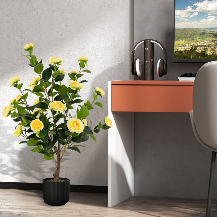 1/2 Pieces 95cm Artificial Camellia Tree with Flowers and Rain-Flower Pebbles-Yellow-