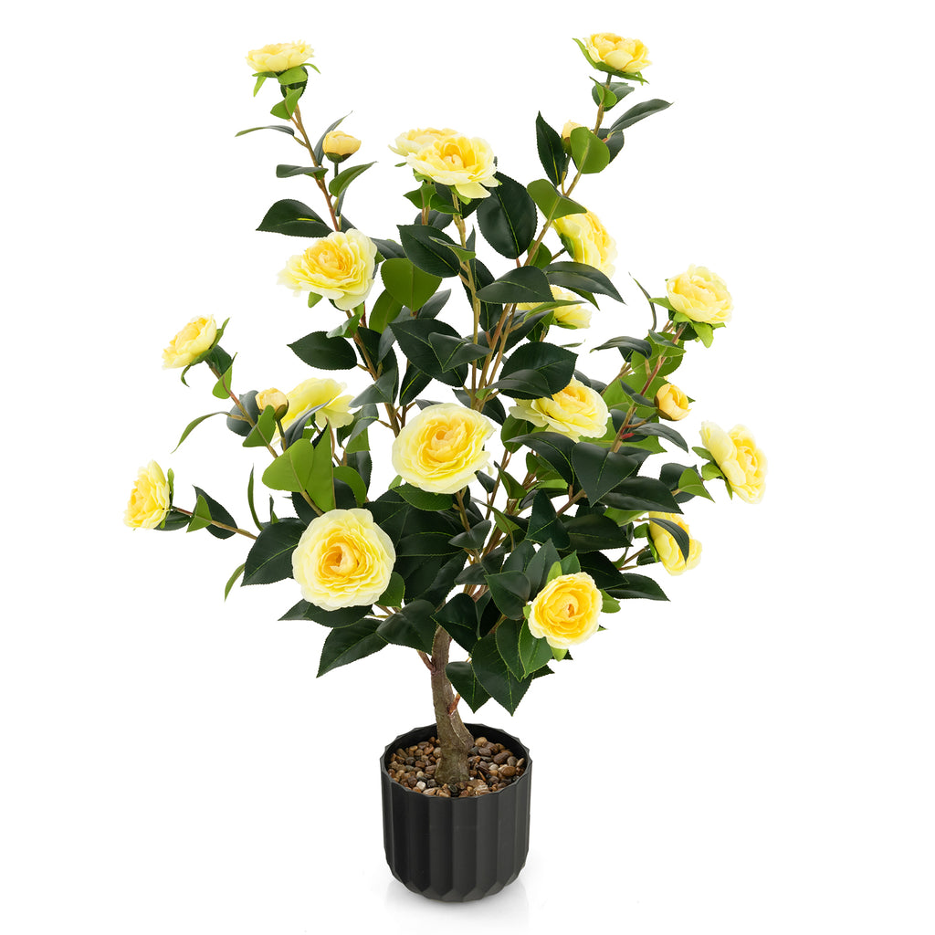 1/2 Pieces 95cm Artificial Camellia Tree with Flowers and Rain-Flower Pebbles-Yellow-