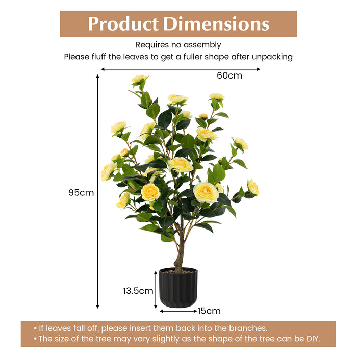 1/2 Pieces 95cm Artificial Camellia Tree with Flowers and Rain-Flower Pebbles-Yellow-