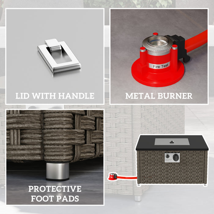 Outsunny Rattan Gas Fire Pit Table for Garden, 13 KW Smokeless Propane Fire Pit with Lid, Square Garden Coffee Table with Patio Heater for Outdoor, Patio, 58 x 58 x 33 cm, Grey