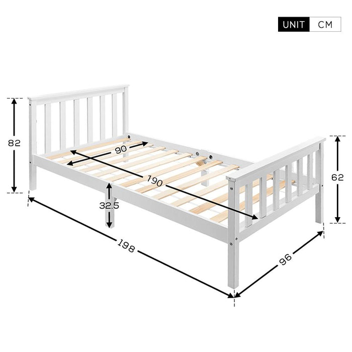 Pine Wooden Single Bed Frame with Sturdy Headboard and Footboard - 3ft, Durable Build, 190x90 cm in White Finish - Ideal for Small Bedrooms & Guest Rooms