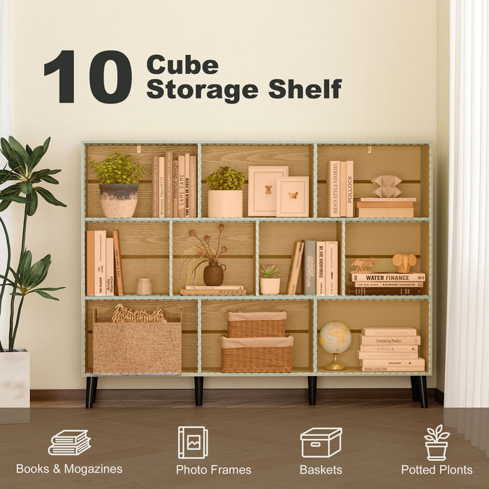 HOMCOM 10-Cube Bookcase, 3-Tier Book Shelf with Solid Wood Legs, 140 cm Modern Bookshelf with Anti-Tip Kit, Light Green