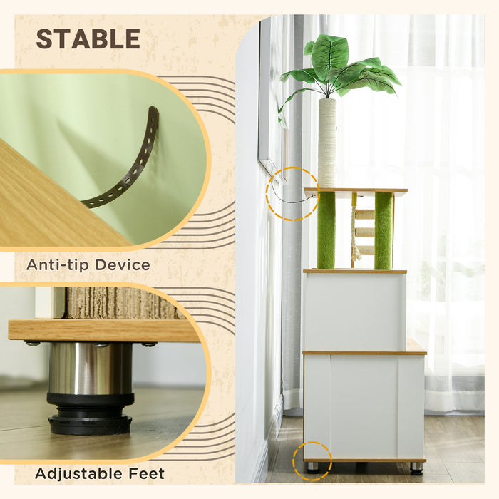 Oak-Themed Cat Tree with Concealed Litter Box Feature - Multi-Level Climbing Tower, Scratching Posts, Playhouse & Steps for Active Cats - Space-Saving Design for Indoor Pet Owners