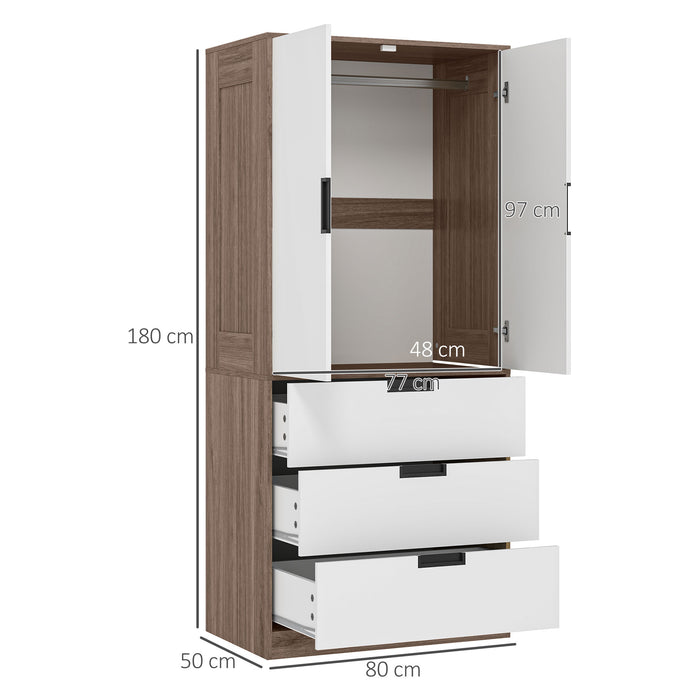 HOMCOM 2 Door Wardrobe, Modern Wardrobe with 3 Drawers and Hanging Rod for Bedroom, Brown