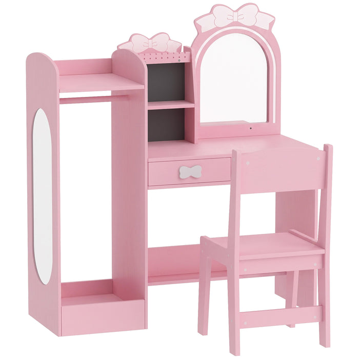 AIYAPLAY Kids Dressing Table, 3-in-1 Girls Vanity Set with Stool, 2-Colour Lights Mirror, Clothes Rack for Ages 3-8, Pink