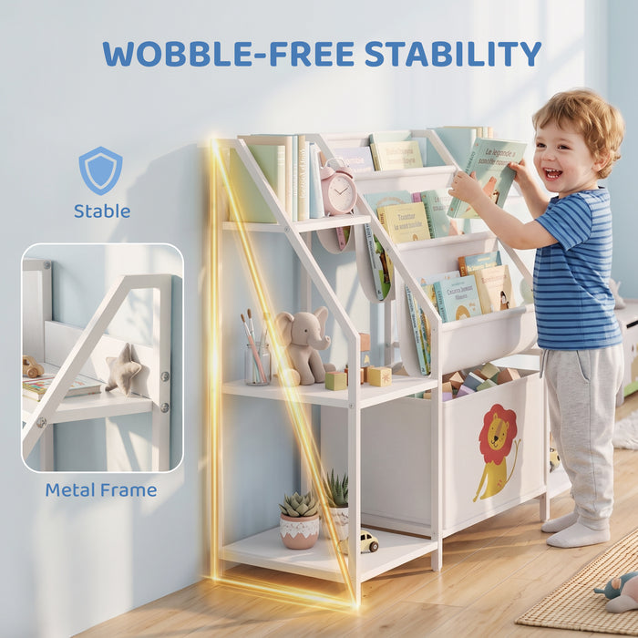 AIYAPLAY Kids Bookshelf and Toy Storage with 3-Tier Sling Book Rack and Fabric Drawer for Nursery, Bedroom, Playroom, White