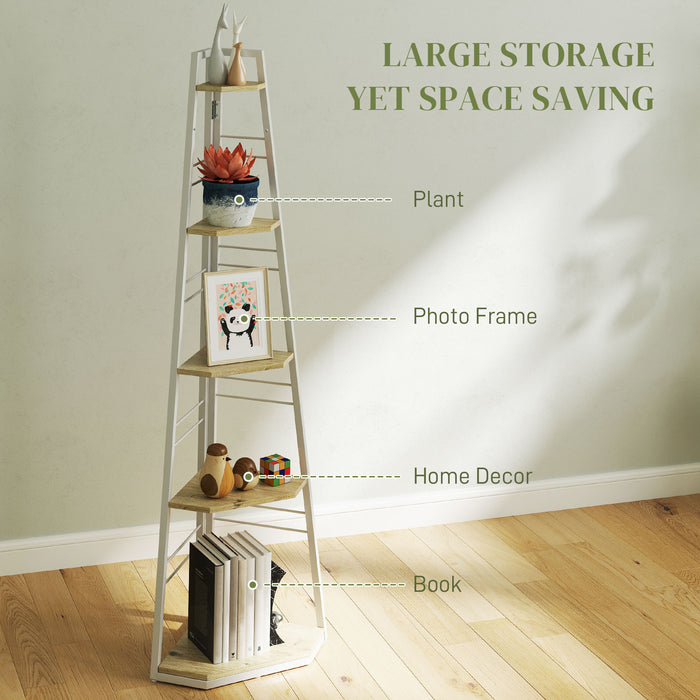 HOMCOM 5-Tier Corner Shelf - Natural Wood Finish