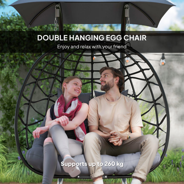 Outsunny Rattan Double Hanging Egg Chair with Canopy, Foldable Wicker Swing Egg Chair with Cushion, Head Pillows, Stand, Steel Frame, Hammock Chair for Indoor Outdoor, Capacity 260 kg, Black