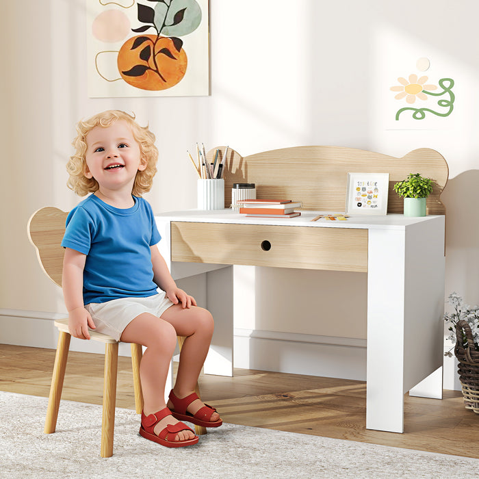 AIYAPLAY Kids Desk and Chair Set with Drawer for Drawing, Reading, Bear Theme Children Furniture for Bedroom, Daycare, Natural