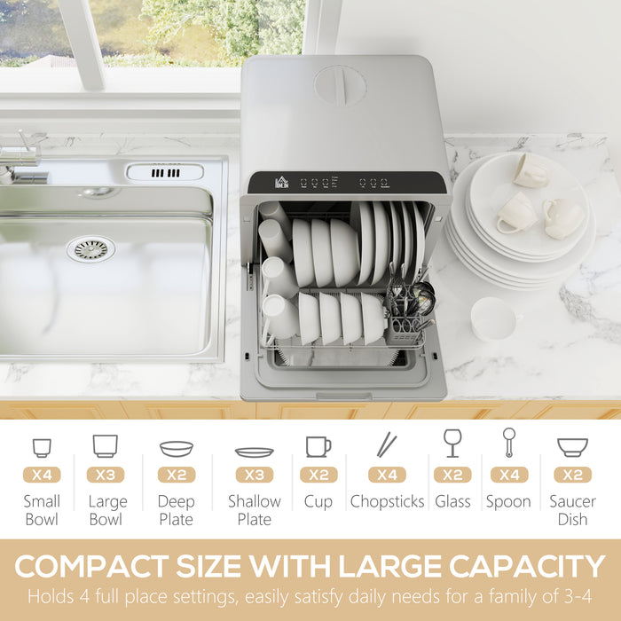 HOMCOM Tabletop Dishwasher, Mini Countertop Dishwasher with 4 Place Settings, 6 Programs, 6L Water Tank, Touch Control, LED Display, Delay Start, Dual Water Supply and Fruit Wash Mode, Silver Tone