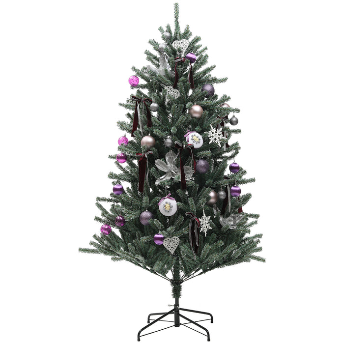 HOMCOM 6ft Artificial Prelit Christmas Tree with Warm White LED Lights and 796 Tips, Metal Stand, Xmas Tree with Purple Ornaments for Home Office Holiday