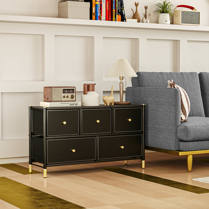 HOMCOM Chest of Drawers, 5 Drawer Fabric Dresser with PU Leather Surface, Steel Frame, Storage Organizer Unit for Bedroom, Living Room, Hallway, Closet, Easy to Assemble, Black