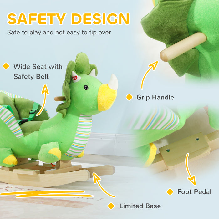AIYAPLAY Dinosaur Design Rocking Horse with Animal Sound, Safety Belt, Wooden Base, for Toddlers 18-36 Months | Aosom UK