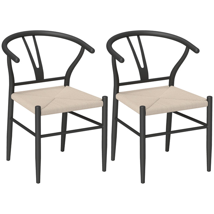 HOMCOM Set of Two Weave Dining Chairs with Y-Shaped Backrest Hemp Seat - Black/Beige