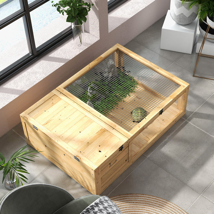 PawHut Tortoise House, Small Reptile Wooden House, with Mesh Roofs, Side Panels, for Turtles, Lizards, Geckos and Snakes