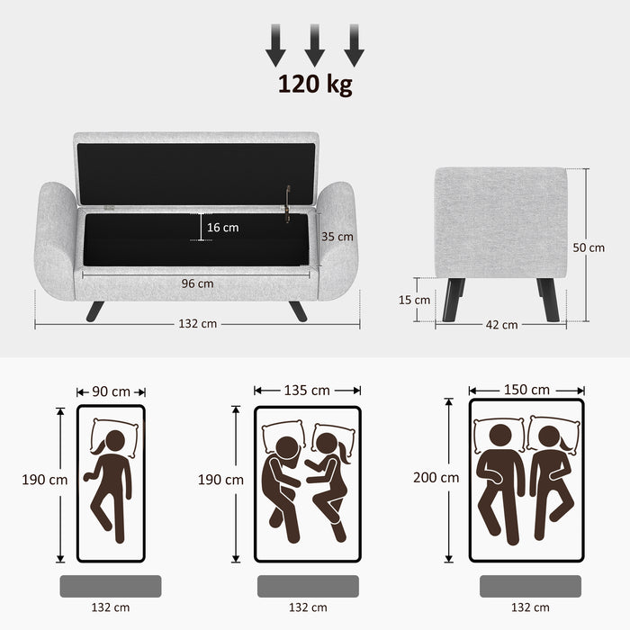 HOMCOM Storage Ottoman with Armrest, Upholstered Linen Storage Bench, Window Seat with Rubberwood Legs, Footstool for Bedroom Living Room, Hallway, Light Grey