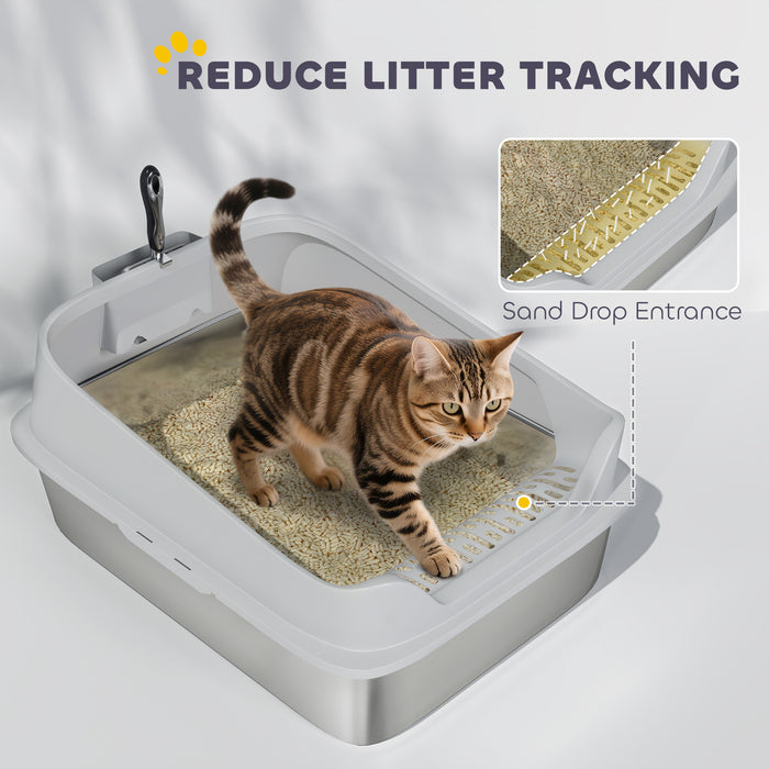 PawHut XXL Stainless Steel Cat Litter Box with High Sides, Metal Scoop, 70 x 50 x 30 cm