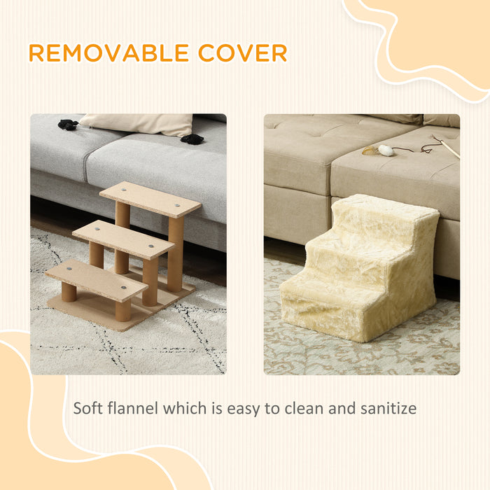 PawHut Three-Step Dog Stairs, with Washable Plush Cover, for High Bed Sofa, Dog Stairs for Small Dog and Cat - Beige | Aosom UK