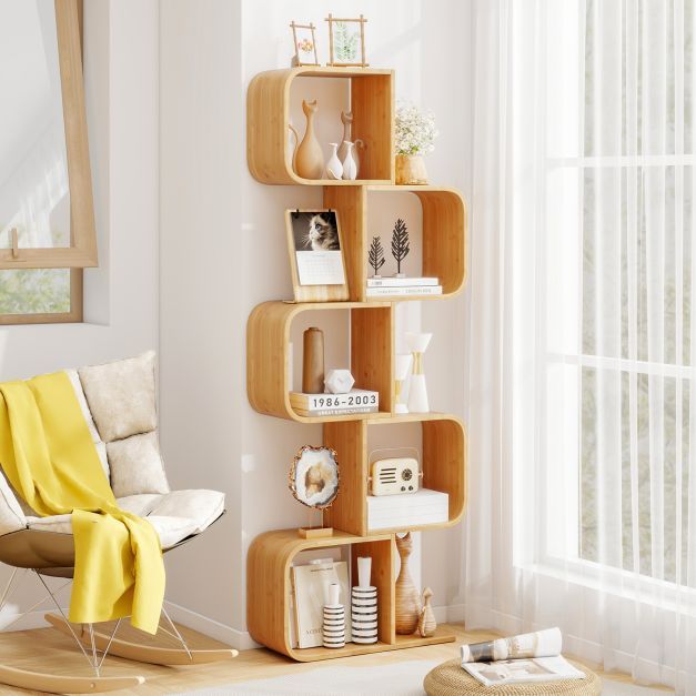 Set of 2 S-Shaped Bookcase Bamboo Bookshelf with 2 Open Cubes-4-Tier