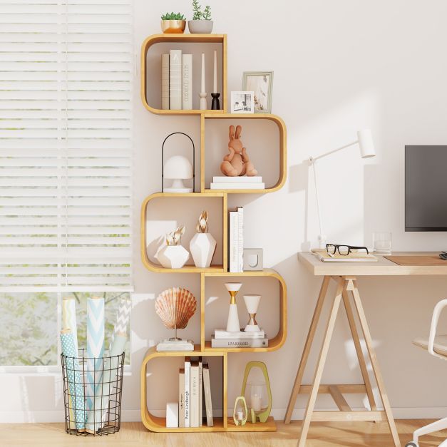 Set of 2 S-Shaped Bookcase Bamboo Bookshelf with 2 Open Cubes-4-Tier