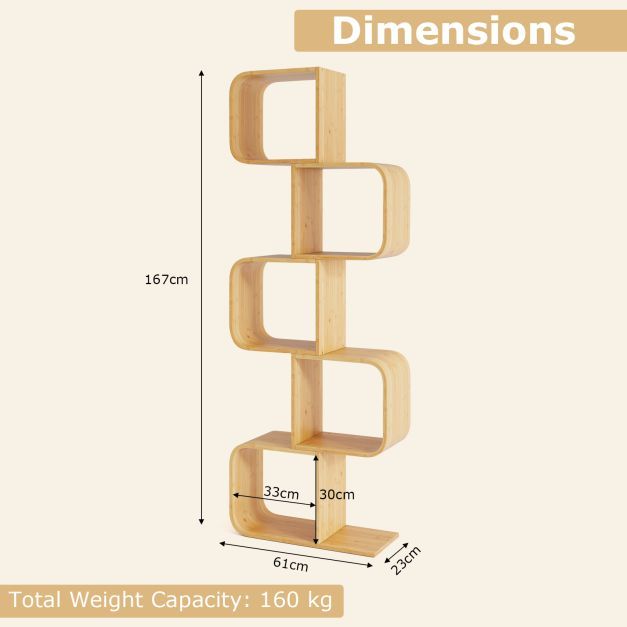 Set of 2 S-Shaped Bookcase Bamboo Bookshelf with 2 Open Cubes-4-Tier