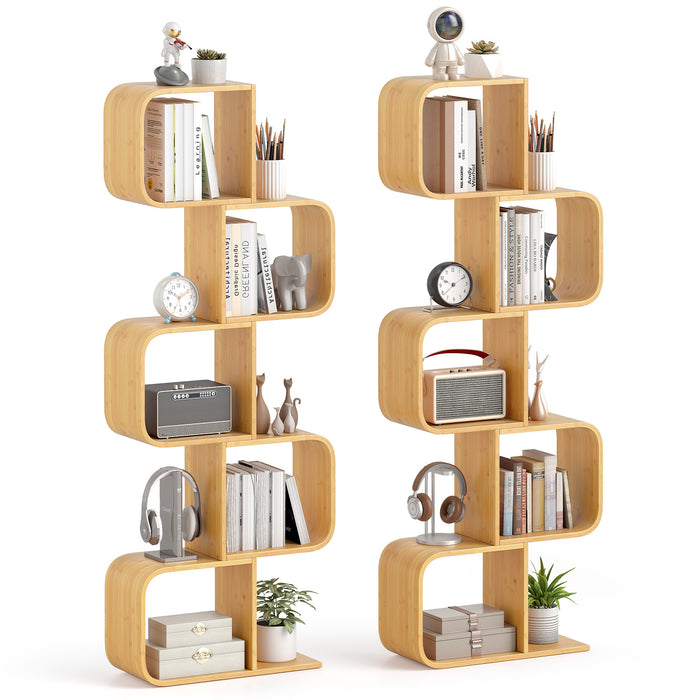 Set of 2 S-Shaped Bookcase Bamboo Bookshelf with 2 Open Cubes-4-Tier