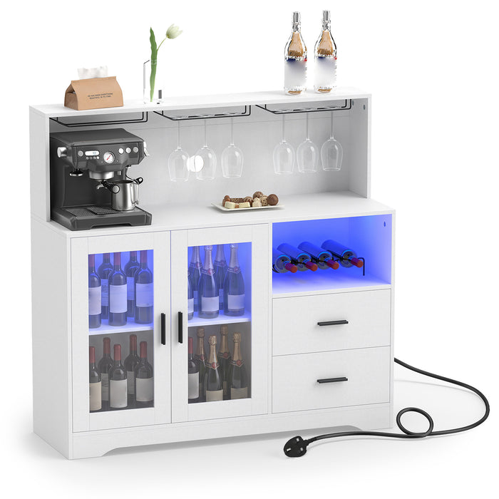 2-Door Wine Bar Cabinet with LED Lights and Charging Station for Kitchen-Rustic Brown