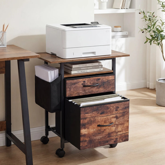 2-Drawer Mobile File Cabinet with Extended Tabletop and Rolling Printer Stand-Brown