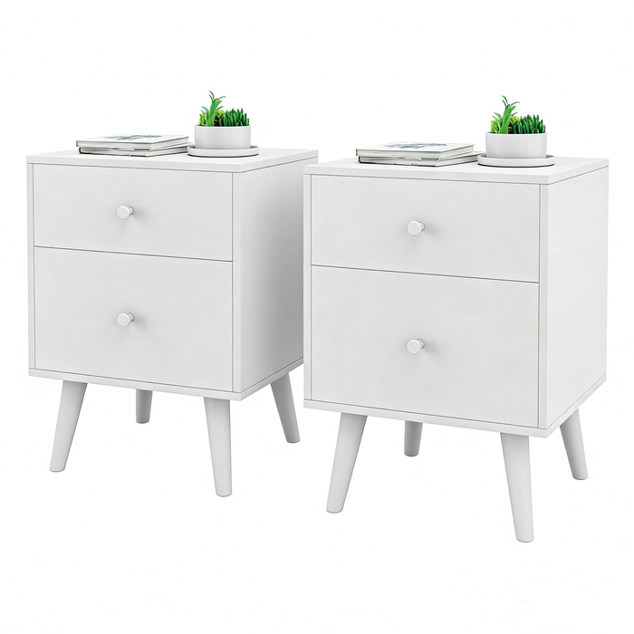 2-Drawer Nightstand Set of 2 with Solid Rubber Wood Legs-