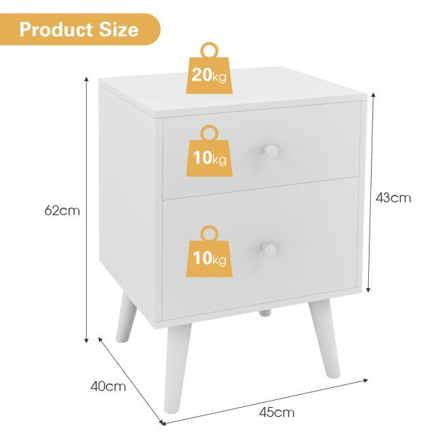 2-Drawer Nightstand Set of 2 with Solid Rubber Wood Legs-