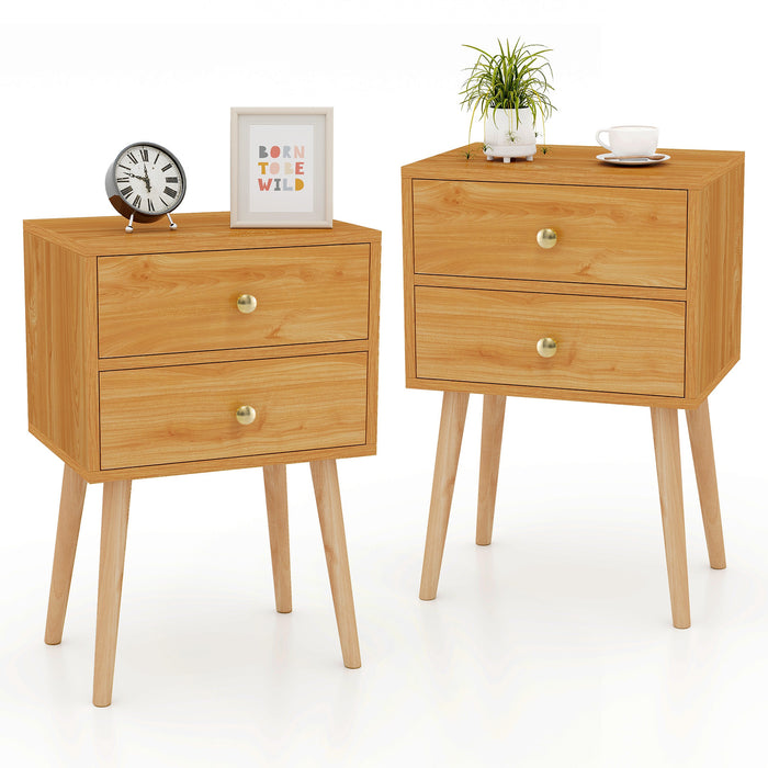 2-Drawer Nightstand Set of 2 with Solid Wood Legs-