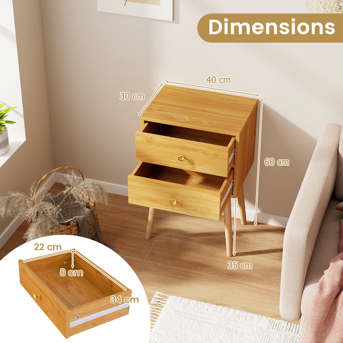 2-Drawer Nightstand Set of 2 with Solid Wood Legs-