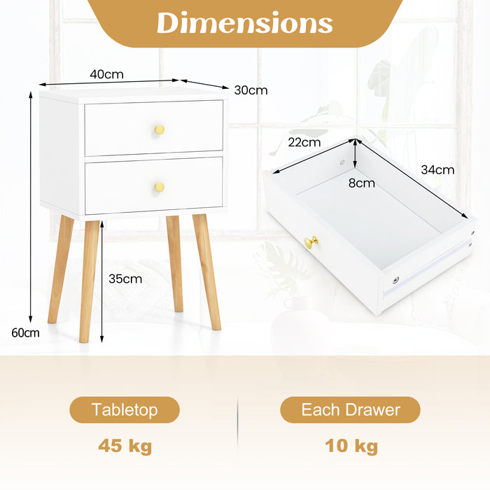 2-Drawer Nightstand Set of 2 with Solid Wood Legs-