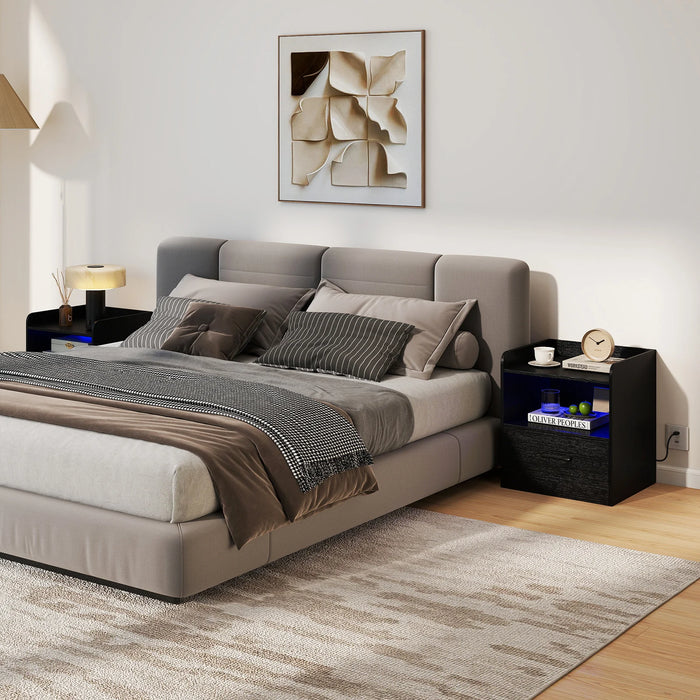 Modern Nightstand with Drawer & Open Shelf and Colorful Light Strip for Bedroom-