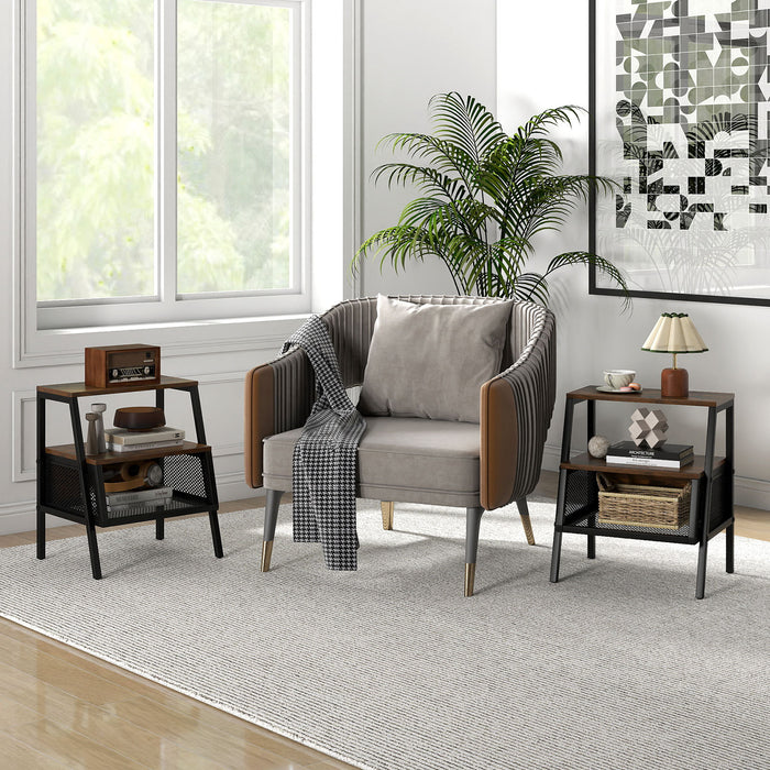 Industrial Nightstand Set of 2 with 2 Open Shelves & Mesh Compartment for Small Spaces-