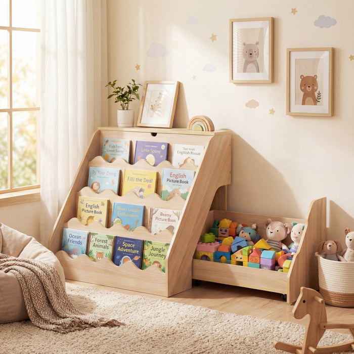 2-In-1 Kids' Bookshelf and Toy Storage Organizer with Rolling Drawer Cart and 4 Tier Book Shelf-Natrual