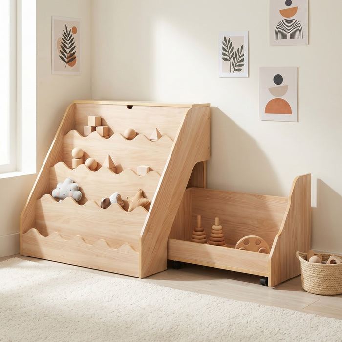 2-In-1 Kids' Bookshelf and Toy Storage Organizer with Rolling Drawer Cart and 4 Tier Book Shelf-Natrual