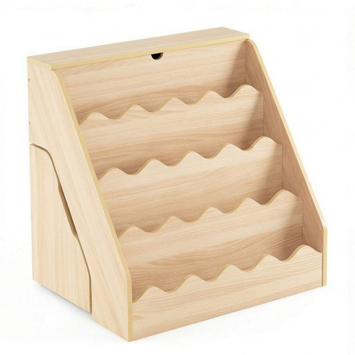 2-In-1 Kids' Bookshelf and Toy Storage Organizer with Rolling Drawer Cart and 4 Tier Book Shelf-Natrual