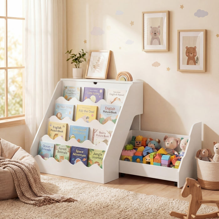 2-In-1 Kids' Bookshelf and Toy Storage Organizer with Rolling Drawer Cart and 4 Tier Book Shelf-Natrual