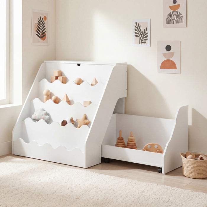 2-In-1 Kids' Bookshelf and Toy Storage Organizer with Rolling Drawer Cart and 4 Tier Book Shelf-Natrual