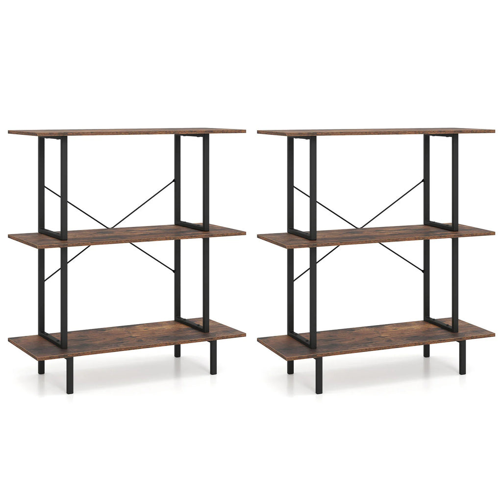 2-Pack 3-Tier Industrial Bookshelf with Open Shelves for Living Room Study-Rustic Brown