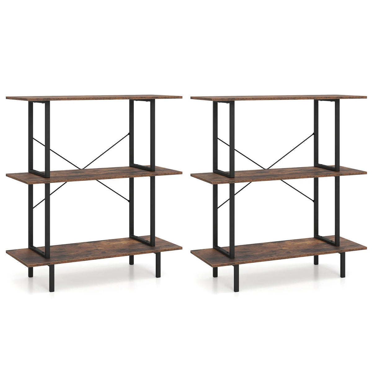 2-Pack 3-Tier Industrial Bookshelf with Open Shelves for Living Room Study-Rustic Brown