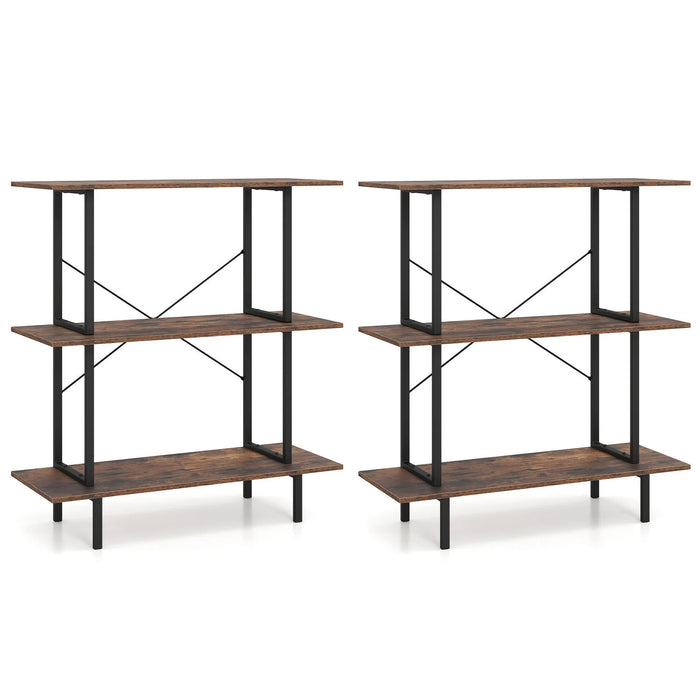 2-Pack 3-Tier Industrial Bookshelf with Open Shelves for Living Room Study-Rustic Brown