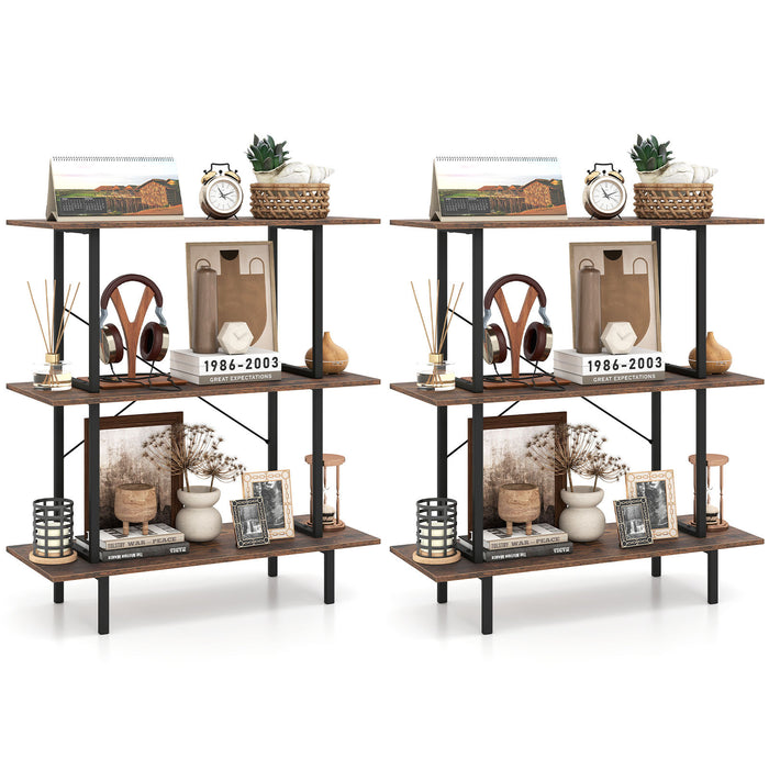 2-Pack 3-Tier Industrial Bookshelf with Open Shelves for Living Room Study-Rustic Brown
