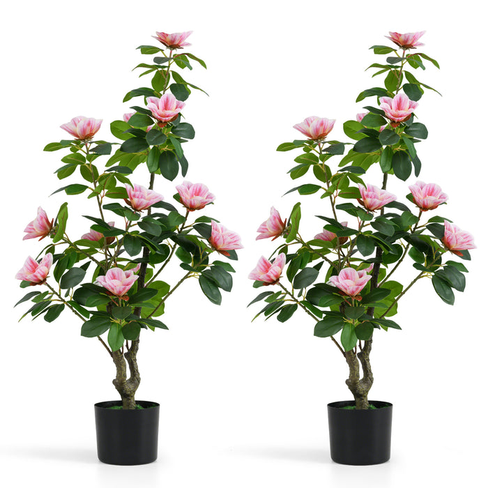 2 Pack Artificial Magnolia Tree Faux Flower Plant in Nursery Pot-