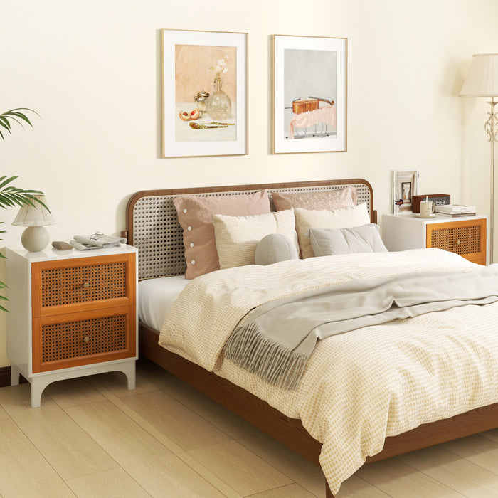 2 Pack Boho Nightstands with 2 Handwoven Rattan Decorated Drawers-